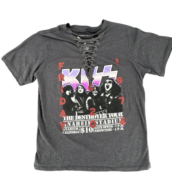 Kiss Tops - Distressed Heavy Metal Rock Band T-Shirt Women's M KISS Lace Up V-Neck Gray